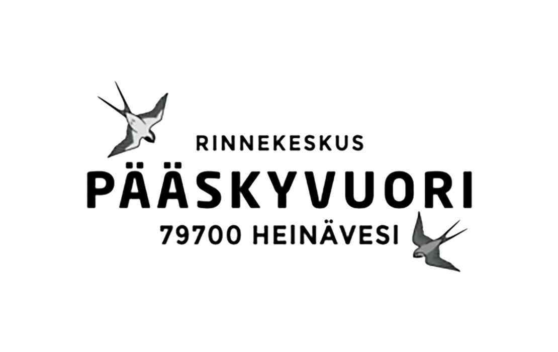Rinneksekus P&auml;&auml;skyvuori, 79700 Hein&auml;vesi -yrityksen logo. Logossa on suuri, musta, lihavoitu teksti "P&Auml;&Auml;SKYVUORI". Yl&auml;puolella lukee pienemm&auml;ll&auml;, mustalla tekstill&auml; "RINNEKESKUS" ja alapuolella niin ik&auml;&auml;n pienemm&auml;ll&auml; mustalla tekstill&auml; "79700 HEIN&Auml;VESI". Tekstin ymp&auml;rill&auml; on kaksi mustavalkoista, tyylitelty&auml; kuvaa liit&auml;v&auml;st&auml; p&auml;&auml;skyst&auml;. Logo on valkoisella taustalla.