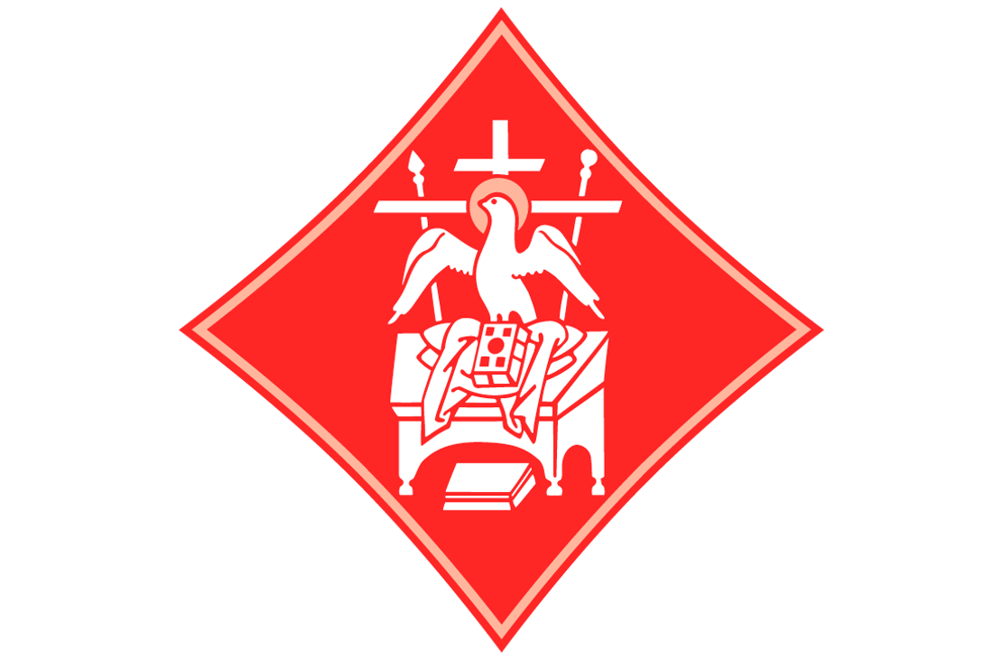 Ortodoksinen symboli tai logo, joka on sijoitettu kirkkaanpunaiseen, vinoneliön muotoon. Logon keskellä on valkoinen tai vaaleanpunainen, tyylitelty kuva ehtoollispöydästä/alttarista ja sen yllä kalkkiin laskeutuva Pyhä Henki kyyhky-muodossa. Kyyhkyn takana on risti ja sivuilla miekat. Vinoneliö on reunustettu ohuella vaalealla viivalla ja sijoitettu mustalle taustalle.