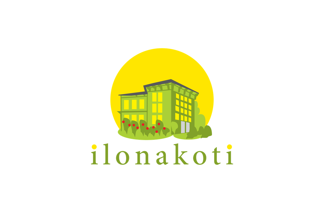 Ilonakoti-yrityksen logo. Logossa on tyylitelty, vaaleanvihreä rakennus, jonka edessä on punaisia kukkia. Rakennuksen takana nousee kirkkaankeltainen aurinko tai puolipyöreä muoto. Kuvan alapuolella on vihreällä tekstillä sana "ilonakoti". Logo on sijoitettu mustalle taustalle.