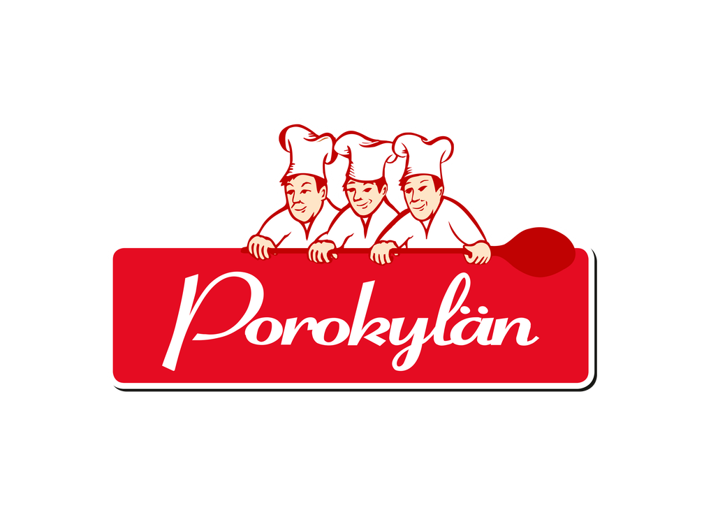 Porokylän Leipomon logo. Logossa on punainen, pyöristetty suorakulmio, jossa on valkoisella, kursivoidulla ja koristeellisella fontilla sana "Porokylän". Palkin yläpuolella kurkistaa kolme sarjakuvamaista leipuria valkoisissa kokeenhatuissa. Palkin oikeassa reunassa näkyy tummanpunainen lusikka. Leipurien ääriviivat ovat punaiset. Logo on mustalla taustalla.