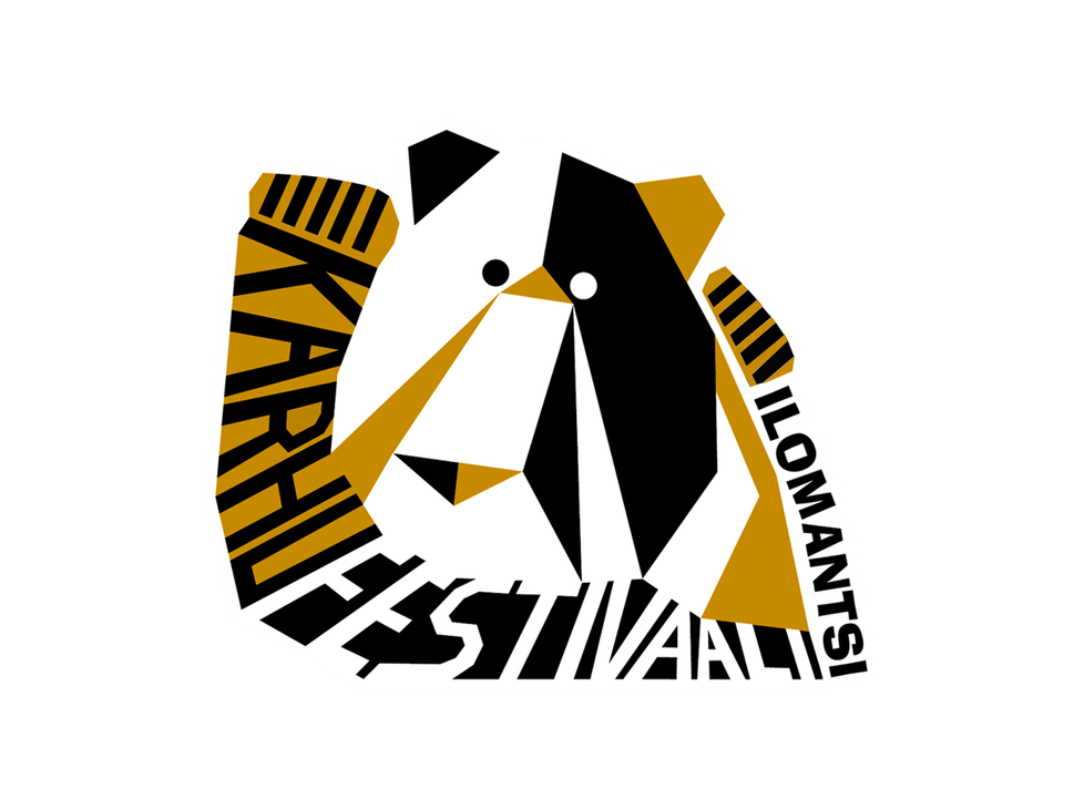 Ilomantsin Karhufestivaalin logo, joka on tyylitelty, abstrakti karhun pään muotoinen kuva. Logo on toteutettu mustan, valkoisen ja kullanruskean väreillä, ja se on koottu terävistä, geometrisista paloista. Karhun muodon sisään ja ympärille on integroitu teksti "KARHU", "FESTIVAALI" ja "ILOMANTSI" pystysuunnassa. Logo on sijoitettu valkoiselle taustalle.