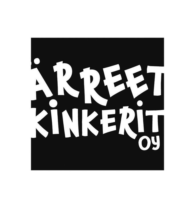 Ärreet Kinkerit Oy -yrityksen logo. Logossa on kaksi riviä suurta, valkoista tekstiä, joka on kirjoitettu paksulla, hieman kulmikkaalla ja leikkisällä fontilla. Ylärivillä lukee "ÄRREET" ja alarivillä "KINKERIT". Sanan "KINKERIT" alapuolella on pienellä fontilla teksti "oy". Logo on mustalla taustalla.