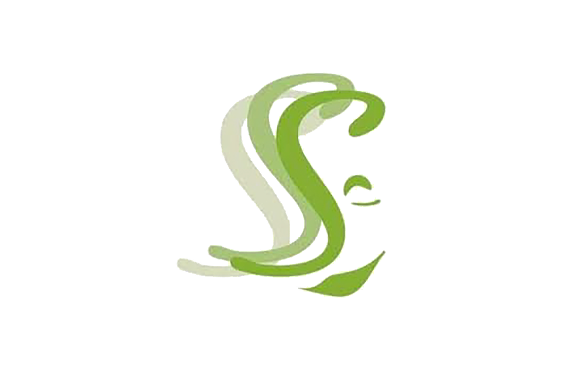 Parturi-kampaamo Soili Heiskanen -yrityksen logo. Logossa on tyylitelty, abstrakti kasvojen &auml;&auml;riviivapiirros, joka on luotu p&auml;&auml;llekk&auml;isist&auml; S-kirjaimista eri vihre&auml;n s&auml;vyiss&auml; (vaaleanvihre&auml;st&auml; kirkkaaseen). S-kirjaimet symboloivat hiuksia tai hiusten liikett&auml;. Oikealla erottuu osa kasvonpiirteist&auml;, kuten silm&auml; ja suu. Logo on valkoisella taustalla.