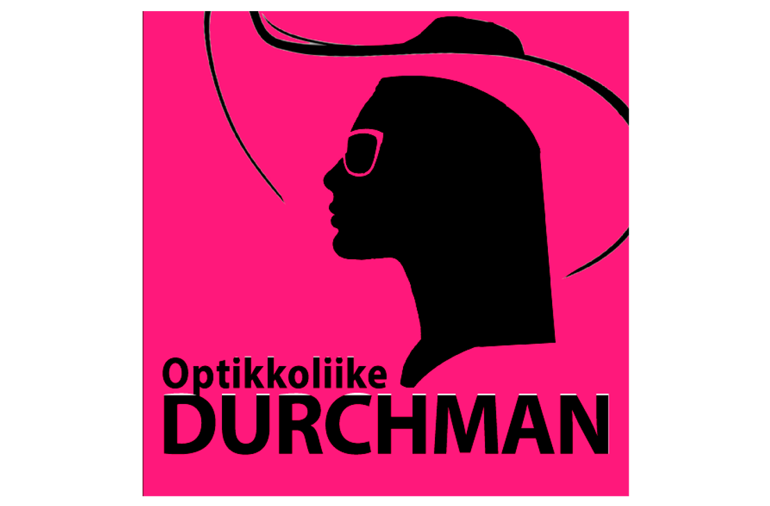 Optikkoliike Durchman -yrityksen logo. Logossa on kirkkaan fuksianpunainen neliömäinen tausta. Yläosassa on musta siluetti naisen päästä, joka on pukeutunut leveälieriseen hattuun ja jolla on silmälasit tai aurinkolasit. Silmälaseissa näkyy ohut pinkki ääriviiva. Mustan siluetin alapuolella, vasemmassa alakulmassa, on mustalla tekstillä kaksi riviä: pienemmällä fontilla "Optikkoliike" ja isolla, paksulla fontilla "DURCHMAN".