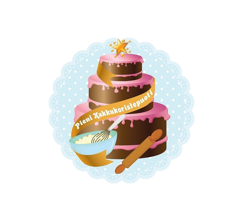 Pieni Kakkukoristepuoti -yrityksen logo. Logossa on vaaleansininen, py&ouml;re&auml;reunainen tausta, jossa on valkoisia pilkkuja. Keskell&auml; on kolmikerroksinen suklaakakku, jota peitt&auml;&auml; vaaleanpunainen sokerikuorrute. Kakun ymp&auml;rill&auml; kiert&auml;&auml; oranssi nauha, jossa lukee teksti "Pieni Kakkukoristepuoti". Kakun p&auml;&auml;ll&auml; on kultainen t&auml;hti. Kakun edess&auml; on kulho, jossa on taikinaa ja vispil&auml;, sek&auml; puinen kaulin.