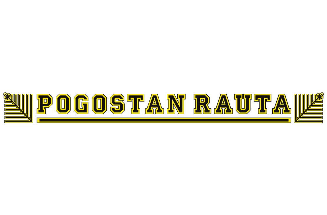 Pogostan Rauta -yrityksen logo. Logossa on suuri, lihavoitu, isoin kirjaimin kirjoitettu teksti "POGOSTAN RAUTA". Kirjaimissa on musta &auml;&auml;riviiva ja paksu keltainen reuna. Tekstin yl&auml;- ja alapuolella on mustia ja keltaisia viivoja sek&auml; molemmilla sivuilla tyylitellyt, kulmikkaat, kelta-mustat koriste-elementit, jotka muistuttavat sahaa tai t&auml;hdenk&auml;rke&auml;. Logo on valkoisella taustalla.