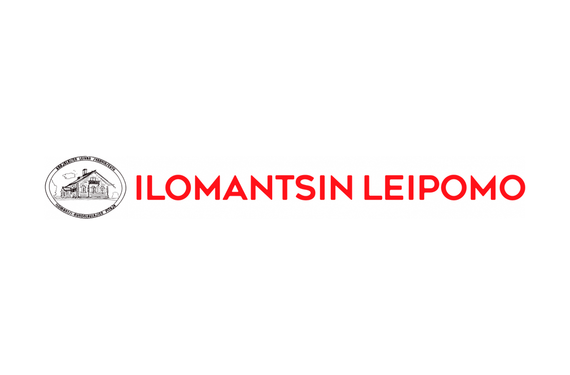 Ilomantsin Leipomo -yrityksen logo. Oikealla on suuri, kirkkaanpunainen teksti "ILOMANTSIN LEIPOMO" isolla, sans-serif-fontilla. Vasemmalla on mustavalkoinen, pyöreä tunnus, jonka sisällä on realistinen piirros vanhasta puutalosta (toimipaikasta) ja tekstiä kehän ympärillä (esim. "KARJALAN LEIPOMO PERINNELEIPOMO"). Koko logo on asetettu mustalle taustalle.