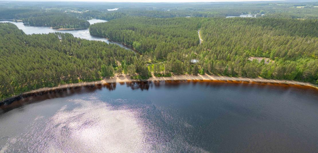 Korkealta otettu laaja panoraamailmakuva Suomen järvi- ja metsämaisemasta. Etualalla on kaareva hiekkaranta ja sen takana silmänkantamattomiin jatkuvaa tiheää havumetsää ja vesistöjä.