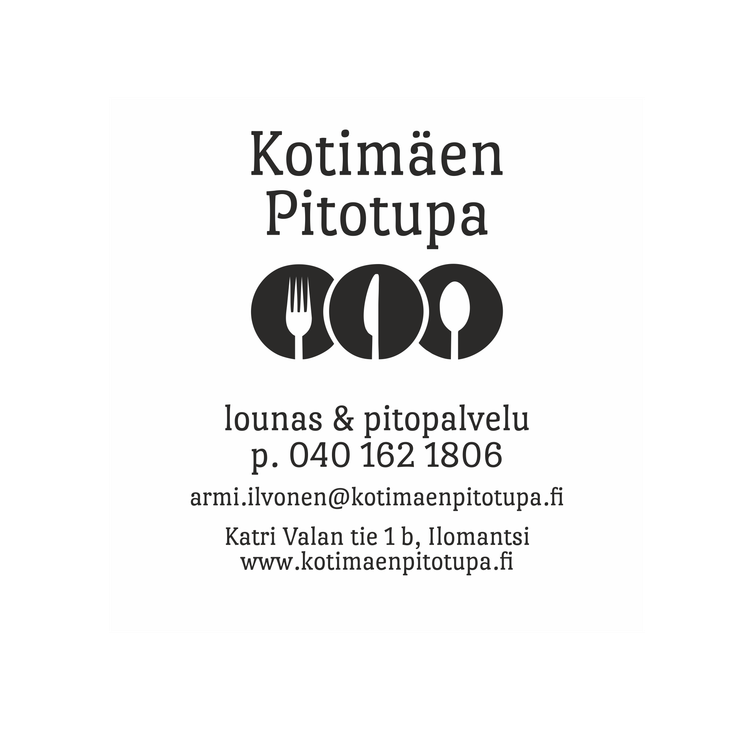 Kotimäen Pitotupa -yrityksen logo ja yhteystiedot valkoisella taustalla. Ylhäällä on suuri, musta teksti "Kotimäen Pitotupa". Sen alla on musta, pyöreä symboli, joka koostuu kolmesta ympyrästä, joissa on valkoiset siluetit: haarukka, veitsi ja lusikka. Symbolin alapuolella on mustalla fontilla lueteltu yhteystiedot ja palvelut, mukaan lukien "lounas & pitopalvelu", puhelinnumero ja sähköpostiosoite.