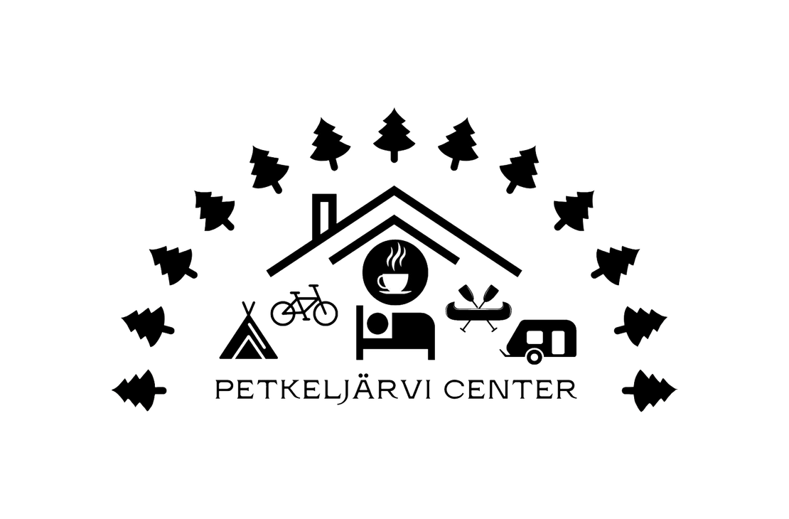 Petkelj&auml;rvi Center -palveluiden logo. Logo on mustavalkoinen. Keskell&auml; on tyylitelty harjakattoinen talon &auml;&auml;riviiva, jonka sis&auml;ll&auml; on useita mustia palvelusymboleja: s&auml;nky (majoitus), h&ouml;yry&auml;v&auml; kahvikuppi, polkupy&ouml;r&auml;, asuntovaunu/matkailuauto, mela ja kanootti (melonta) sek&auml; teltta. Katon yl&auml;puolella on kaareva rivi kuusipuiden siluetteja. Alhaalla lukee isolla, mustalla fontilla teksti "PETKELJ&Auml;RVI CENTER".