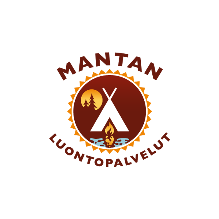 Mantan Luontopalvelut -yrityksen logo. Logossa on pyöreä, tummanruskea tunnus oranssilla, sahalaitaisella reunuksella. Tunnuksen sisällä on valkoinen intiaaniteltta (tiipii), jonka edessä palaa nuotio ja taustalla näkyy keltainen aurinko ja tummia puita. Tunnuksen yläpuolella kaarevasti lukee tummanruskealla tekstillä "MANTAN" ja alapuolella kaarevasti teksti "LUONTOPALVELUT". Logo on mustalla taustalla.