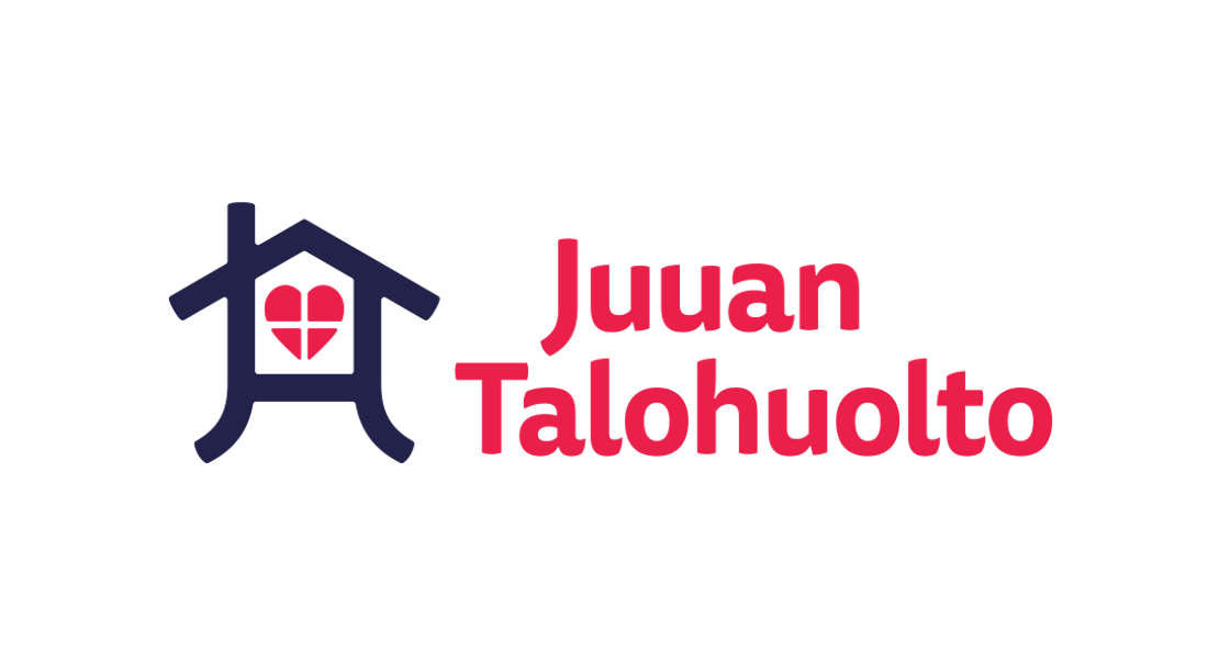 Juuan Talohuolto -yrityksen logo. Vasemmalla on tummansininen, tyylitelty talo-symboli, jonka keskellä ikkunana on punainen sydän. Oikealla on kaksi riviä tekstiä: ylärivillä punaisella fontilla "Juuan" ja alarivillä suuremmalla, punaisella, lihavoidulla fontilla "Talohuolto". Logo on mustalla taustalla.