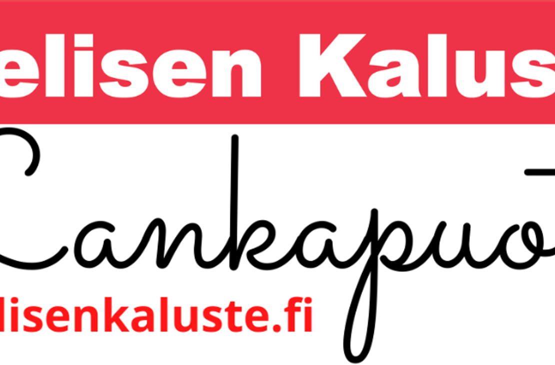Pielisen Kaluste -yrityksen logo tai tunnus. Logossa on kirkkaan punainen suorakulmion muotoinen tausta. Keskellä lukee suurella, valkoisella, lihavoidulla fontilla teksti "Pielisen Kaluste". Lankapuoti-yrityksen logo. Logossa on tummanharmaa, kursivoitu ja hyvin koristeellinen, silmukkainen teksti, joka lukee todennäköisesti "Lankapuoti" tai vastaava. Teksti on tehty ohuella viivalla ja sillä on 3D-efekti tai varjostus. Logo on mustalla tai hyvin tummalla taustalla.