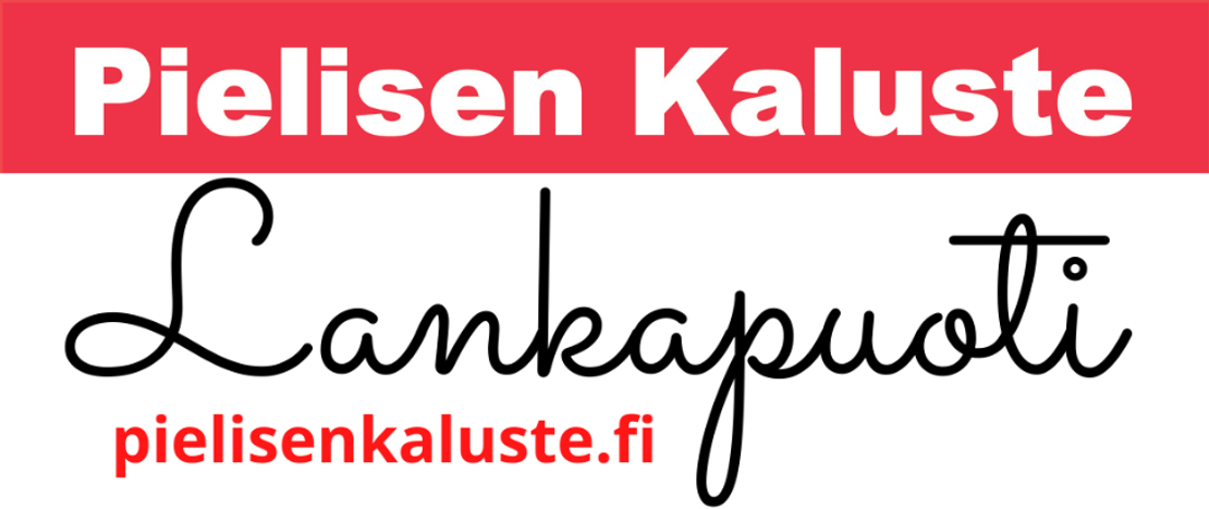 Pielisen Kaluste -yrityksen logo tai tunnus. Logossa on kirkkaan punainen suorakulmion muotoinen tausta. Keskellä lukee suurella, valkoisella, lihavoidulla fontilla teksti "Pielisen Kaluste". Lankapuoti-yrityksen logo. Logossa on tummanharmaa, kursivoitu ja hyvin koristeellinen, silmukkainen teksti, joka lukee todennäköisesti "Lankapuoti" tai vastaava. Teksti on tehty ohuella viivalla ja sillä on 3D-efekti tai varjostus. Logo on mustalla tai hyvin tummalla taustalla.