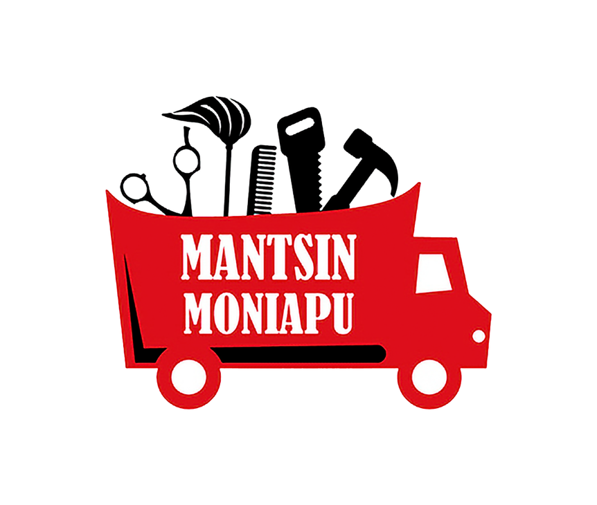 Mantsin Moniapu -yrityksen logo. Logossa on punainen, tyylitelty pakettiauto tai avolava-auto. Auton lavalla on mustia siluetteja erilaisista työkaluista: sakset, kampa ja hiustukkaa (kampaamopalvelut) sekä saha ja vasara (rakennus-/monipalvelut). Auton lavan kyljessä lukee valkoisella, isolla fontilla kahdella rivillä: "MANTSIN MONIAPU".