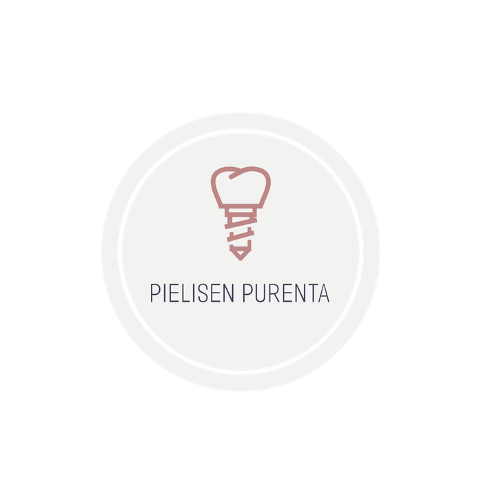 Pielisen Purenta -yrityksen logo. Logo on sijoitettu tummanvihreälle taustalle ja koostuu valkoisesta, vihreäreunaisesta ympyrästä. Ympyrän sisällä on tyylitelty, vaaleanpunainen/liila hammasimplantti-kuva (kruunu ja ruuvi). Kuvan alla lukee tummanharmaalla tekstillä "PIELISEN PURENTA".