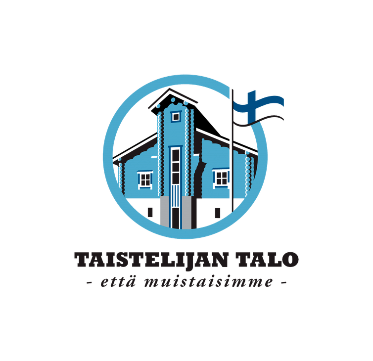 Taistelijan Talo -museon tai muistomerkin logo. Logossa on vaaleansininen, paksu ympyrä, jonka sisällä on tyylitelty, sininen hirsimökki tai tupa. Mökin taustalla liehuu Suomen lippu. Ympyrän alapuolella lukee isolla, mustalla tekstillä "TAISTELIJAN TALO" ja sen alla pienemmällä, kursivoidulla tekstillä "- että muistaisimme -". Logo on valkoisella taustalla.