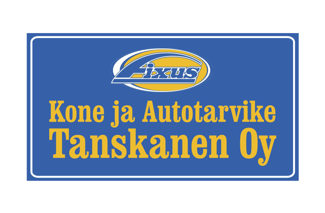Kone ja Autotarvike Tanskanen Oy -yrityksen kyltti tai mainos. Tausta on tummansininen, jossa on valkoinen reunus. Ylhäällä keskellä on Fixus-logon tunnus: valko-sininen ja keltainen, tyylitelty logo. Logon alapuolella on teksti isoin, keltaisin kirjaimin kahdella rivillä: "Kone ja Autotarvike" ja "Tanskanen Oy".