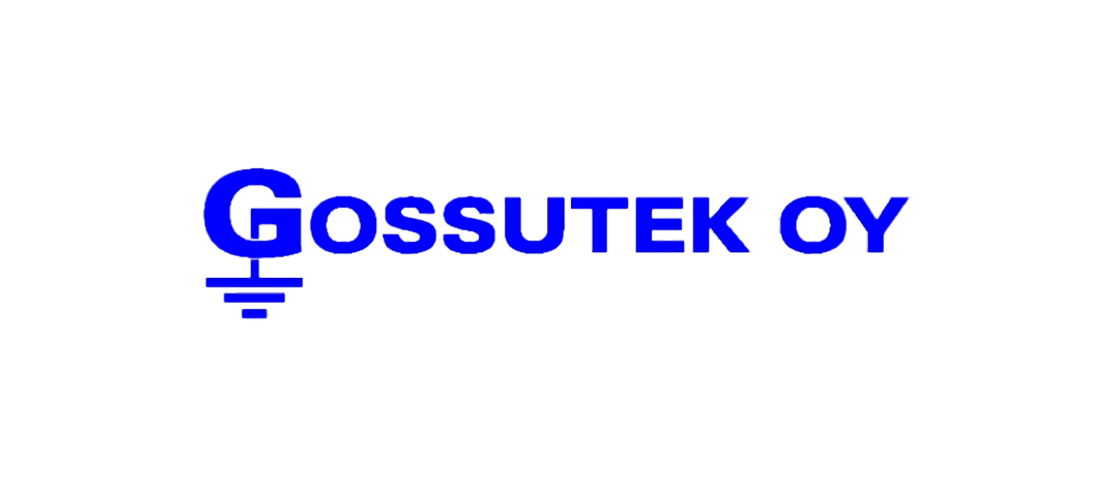 Gossutek Oy -yrityksen logo. Logossa on kirkkaan sinisellä, isolla fontilla kirjoitettu teksti "Gossutek Oy". G-kirjain on tyylitelty siten, että sen alaosasta ulottuu alaspäin maadoitussymboli (maadoitusmerkki). Logo on valkoisella taustalla.