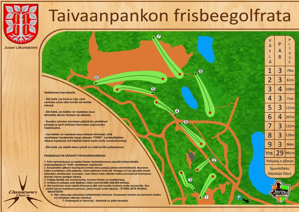 Taivaanpankon frisbeegolfradan opaskartta. Kartta on esitetty puunvärisellä taustalla ja se sisältää Juuan kunnan vaakunan. Kartan kuva-alue on ylhäältä pyöristetty ja se esittää radan layoutin: vihreät väylät tummanvihreän metsän ja oranssin/ruskean maaston keskellä, sekä sinisiä vesialueita. Vasemmalla on tekstiä säännöistä ja ohjeista. Oikealla on taulukko, jossa luetellaan väylien numerot, pituudet ja par-luvut.