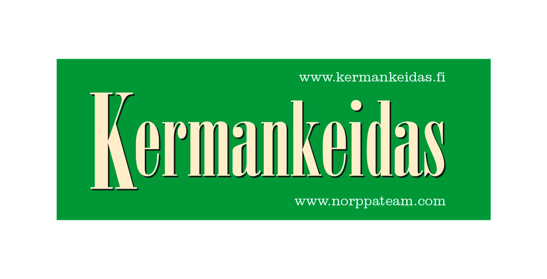Kermankeidas-yrityksen logo tai mainos. Tausta on kirkkaan vihreä. Keskellä on suuri, vaalean beigenvärinen teksti "Kermankeidas" tyylikkäällä, isolla serif-fontilla. Yläoikealla lukee pienemmällä, valkoisella tekstillä verkkosivun osoite "www.kermankeidas.fi". Alaoikealla lukee toinen verkkosivun osoite: "www.norppateam.com".