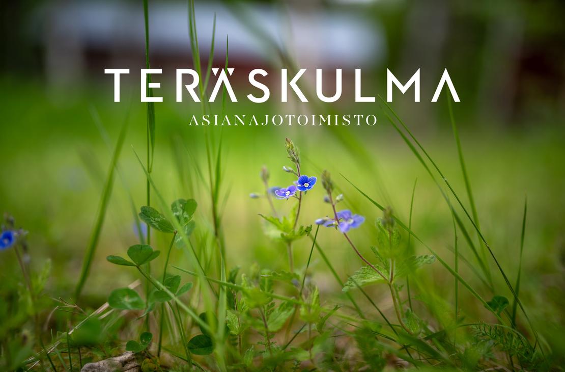 Sininen kukka etualalla, jonka yläpuolella on Teräskulman logo.