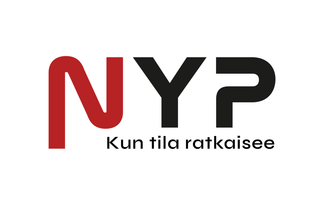 NYP-yrityksen logo. Logossa on suuret, paksut kirjaimet "NYP". N-kirjain on tumman viininpunainen ja YP-kirjaimet ovat tummanharmaa. Kirjaimet ovat tyyliteltyjä ja toisiinsa kytkeytyneitä. Kirjainten alapuolella on tummanharmaa vaakasuora viiva ja sen alla on valkoisella, pienellä tekstillä jokin epäselvä tunnuslause tai nimi. Logo on mustalla taustalla.