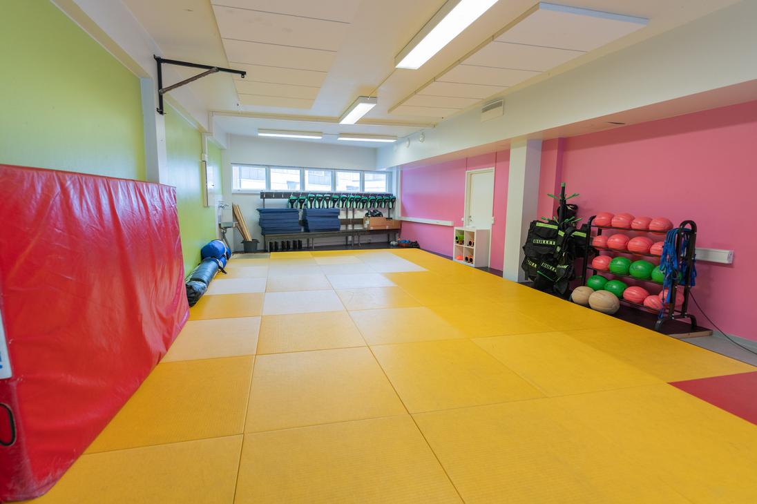 Kuva esittää Kinesiocenter Kuntoilukeskuksen tilaa, joka on tarkoitettu ryhmäliikuntaan, joogaan tai kamppailulajeihin. Lattia on peitetty suurilla, keltaisilla tatameilla tai pehmeillä matoilla. Seinät ovat maalattu kirkkaan vaaleanvihreällä ja fuksianpunaisella. Vasemmalla näkyy pystyssä suuri, punainen harjoitusmatto. Oikealla on musta teline, jossa on painopalloja (esim. vihreitä ja punaisia) sekä muita kuntovälineitä.